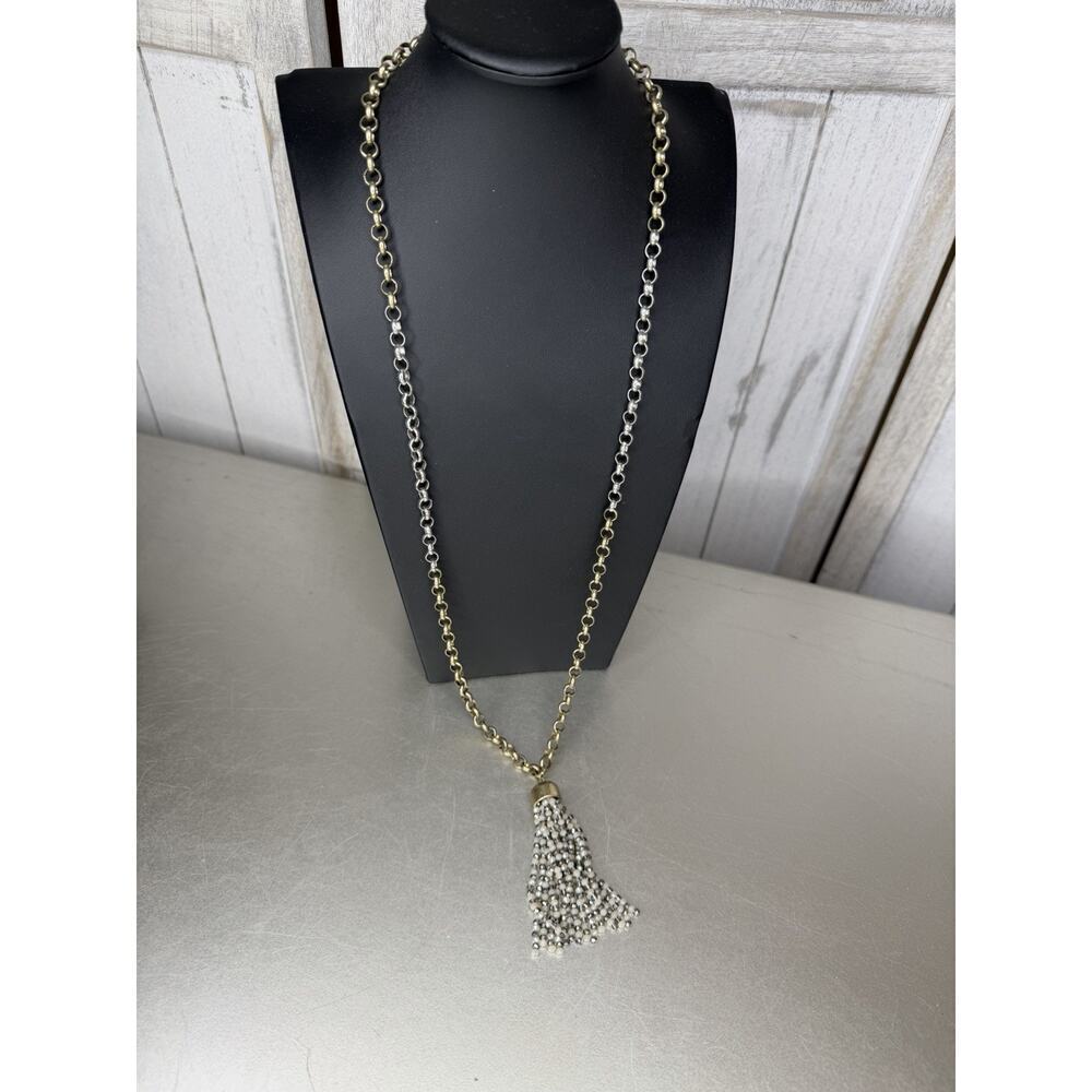 Marlyn Schiff Bead Tassel Gold & Silver Chain Necklace Metallic Long - Picture 2 of 4
